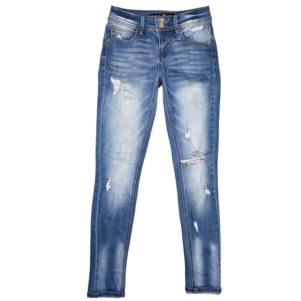 Indigo Rein Skinny Jeans Medium Wash Distressed Double Button W25 L27 Size 3